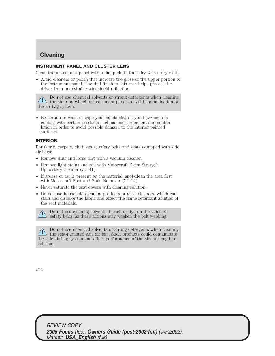 Cleaning | FORD 2005 Focus v.2 User Manual | Page 174 / 224