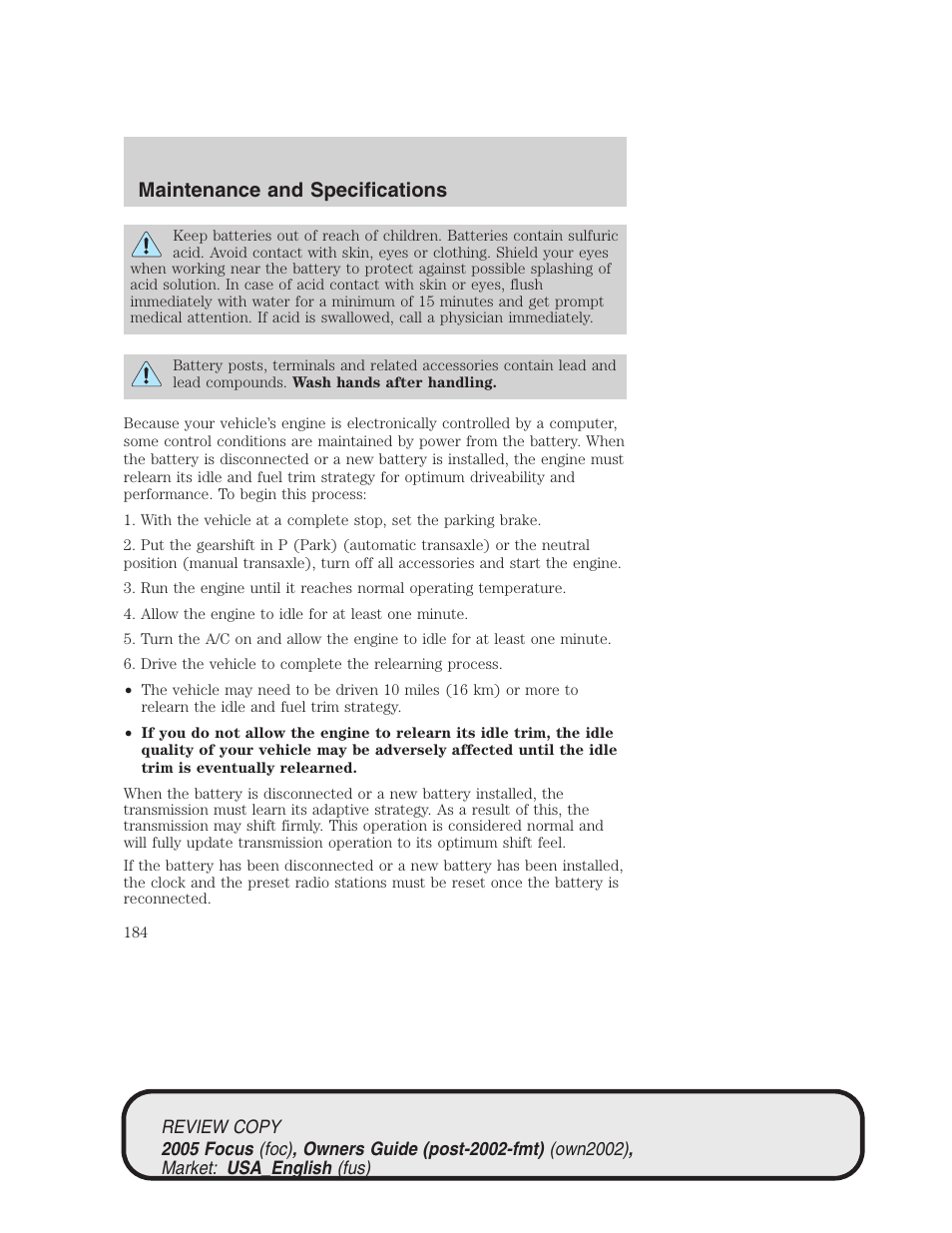 Maintenance and specifications | FORD 2005 Focus v.2 User Manual | Page 184 / 224