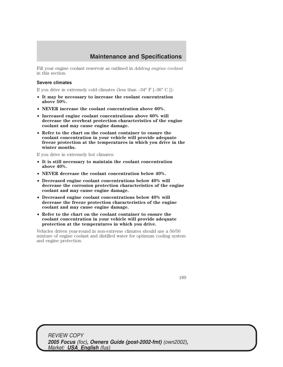 Maintenance and specifications | FORD 2005 Focus v.2 User Manual | Page 189 / 224