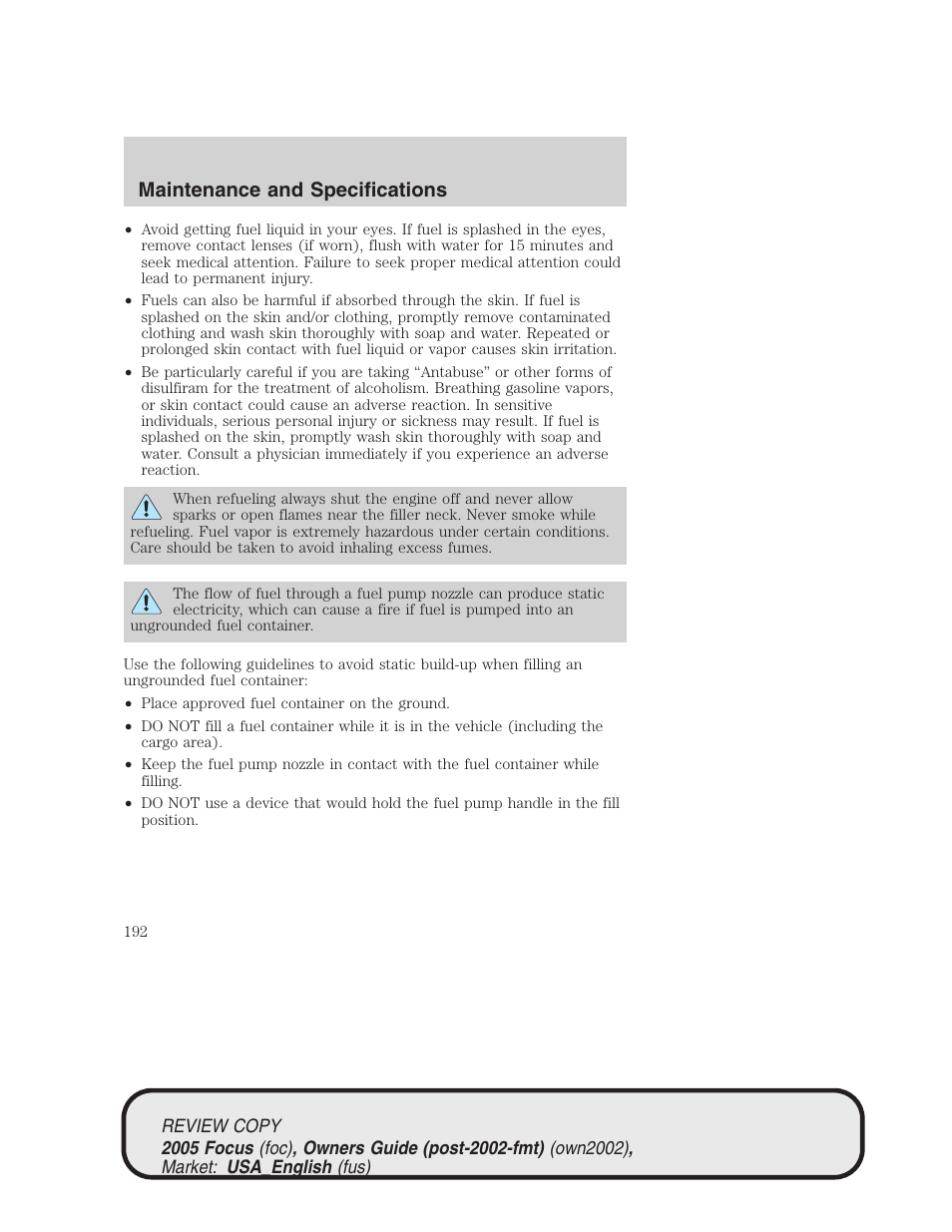 Maintenance and specifications | FORD 2005 Focus v.2 User Manual | Page 192 / 224