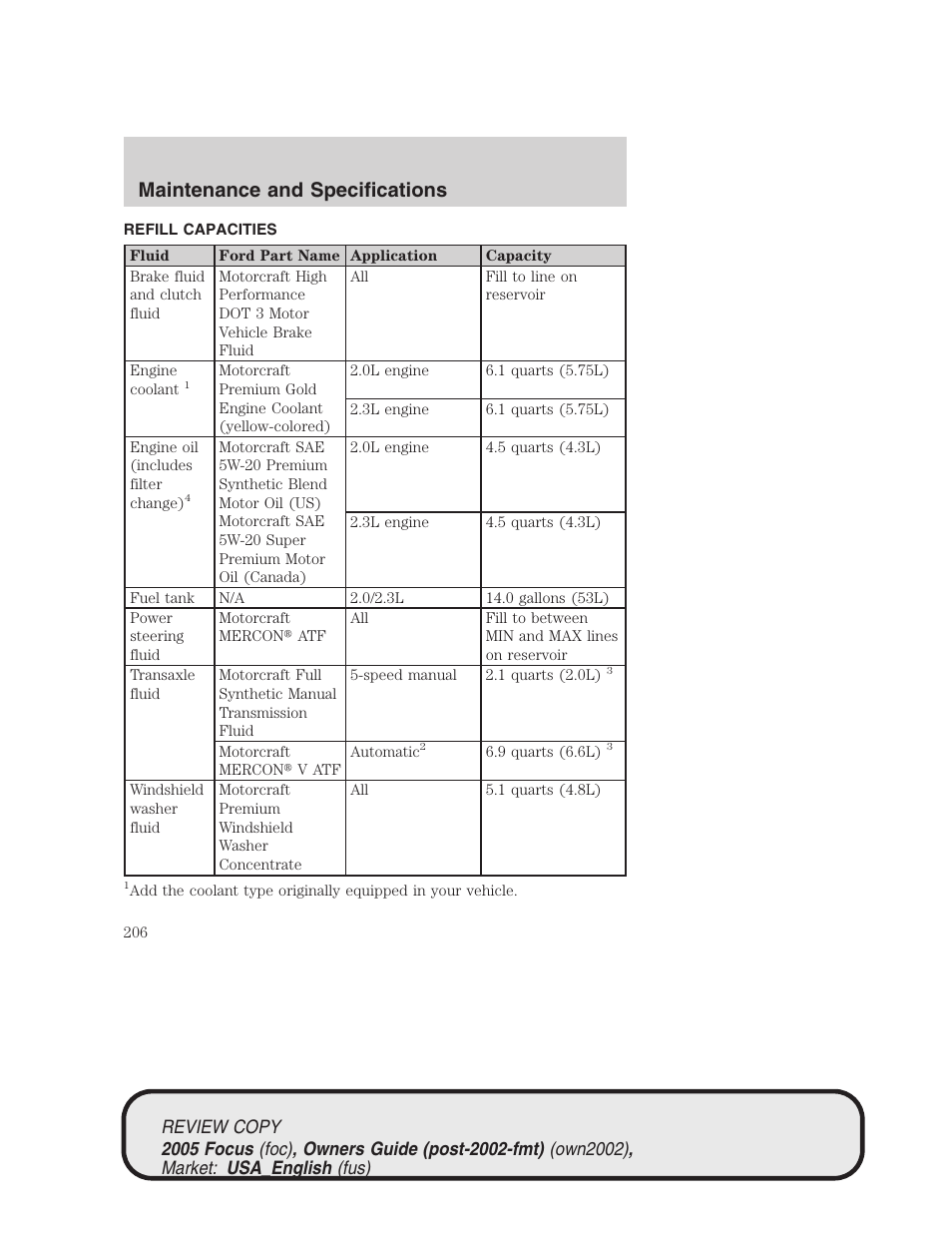 Maintenance and specifications | FORD 2005 Focus v.2 User Manual | Page 206 / 224