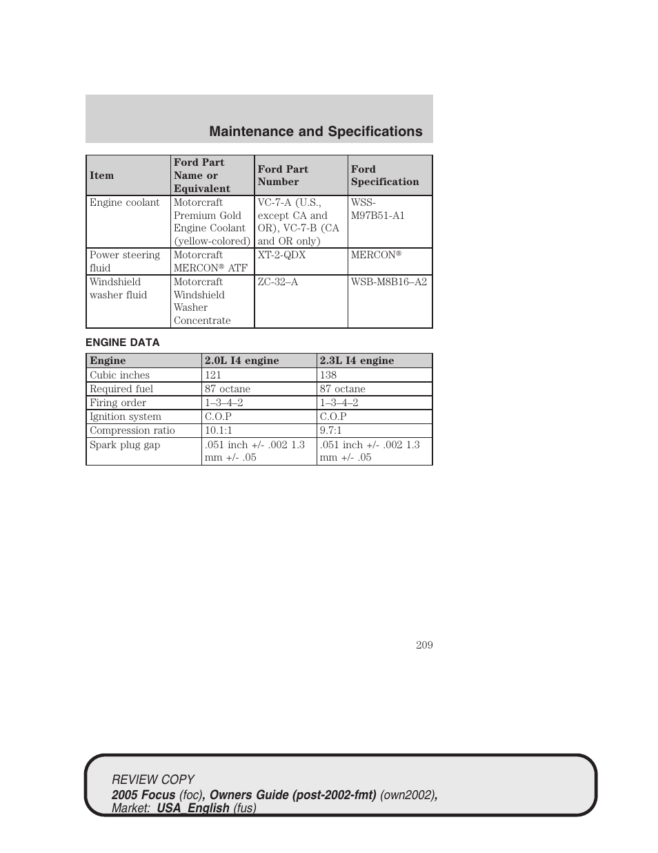 Maintenance and specifications | FORD 2005 Focus v.2 User Manual | Page 209 / 224