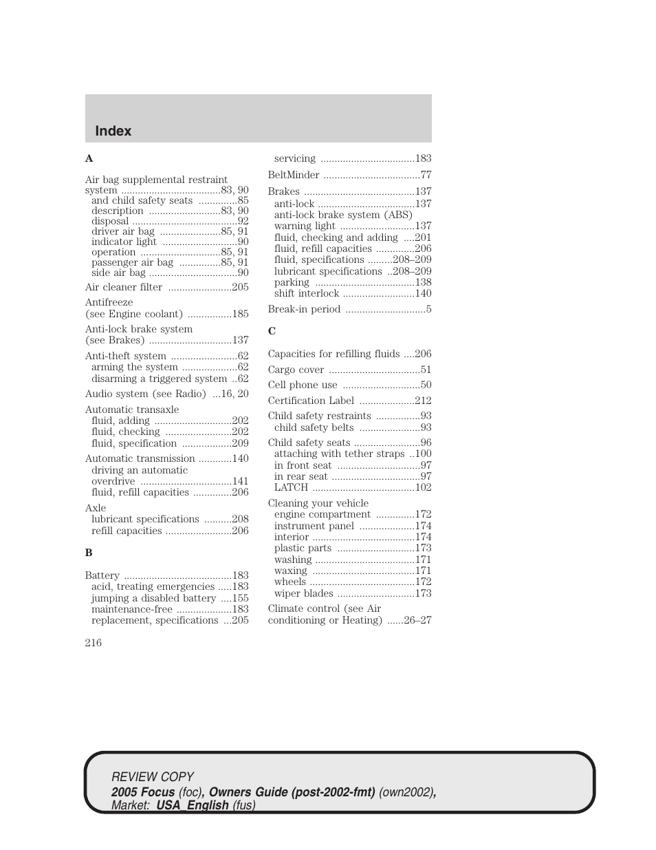 Index | FORD 2005 Focus v.2 User Manual | Page 216 / 224