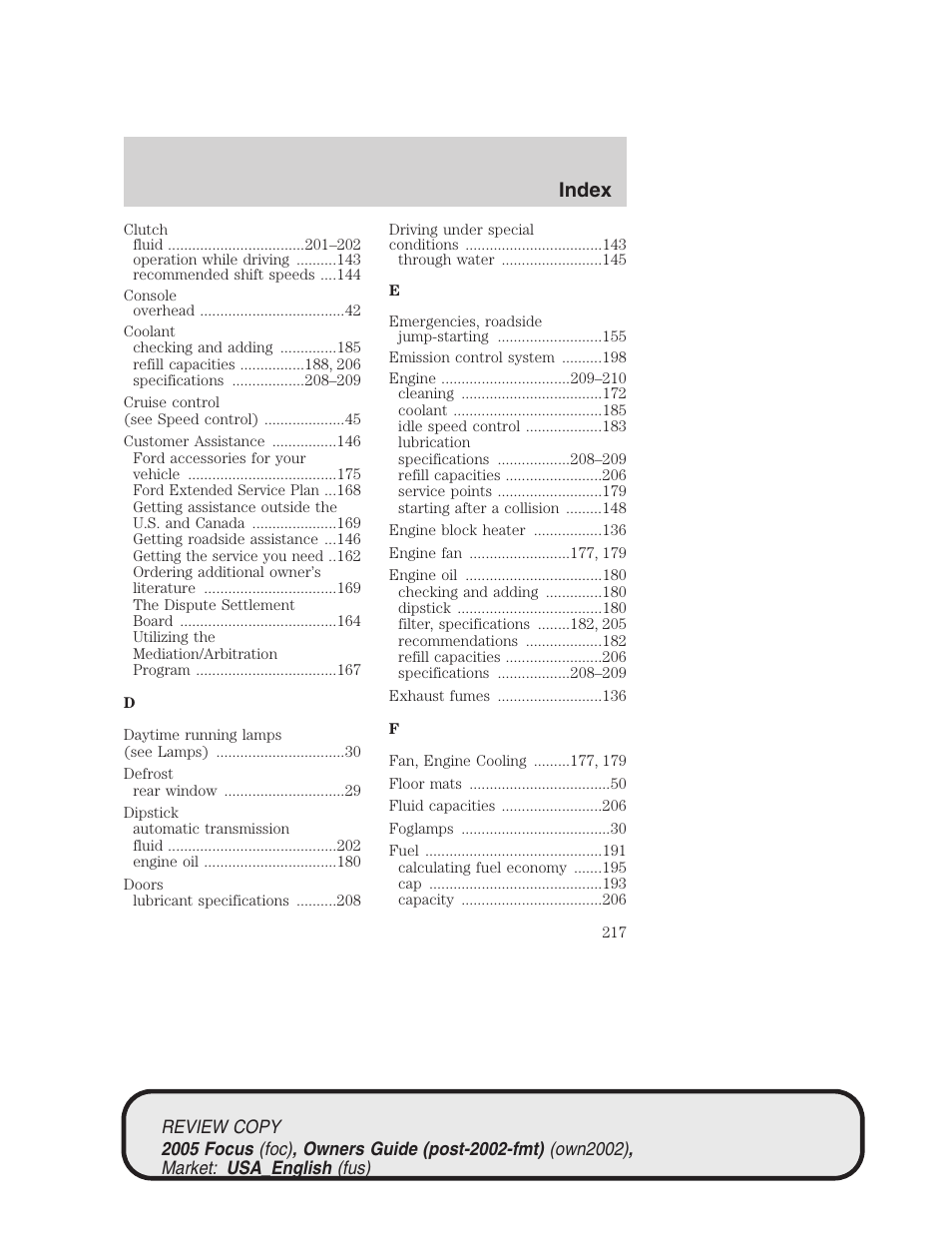 Index | FORD 2005 Focus v.2 User Manual | Page 217 / 224