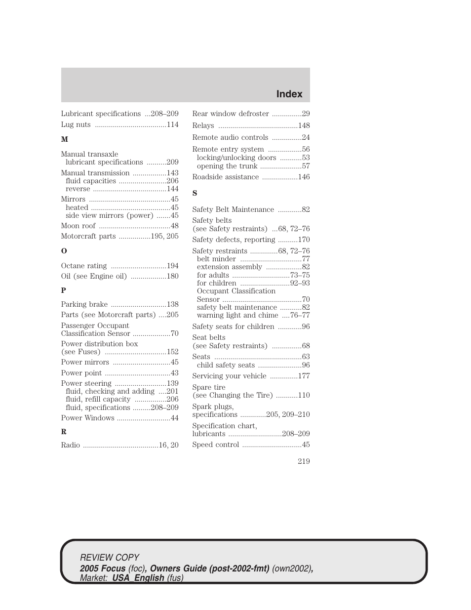 Index | FORD 2005 Focus v.2 User Manual | Page 219 / 224