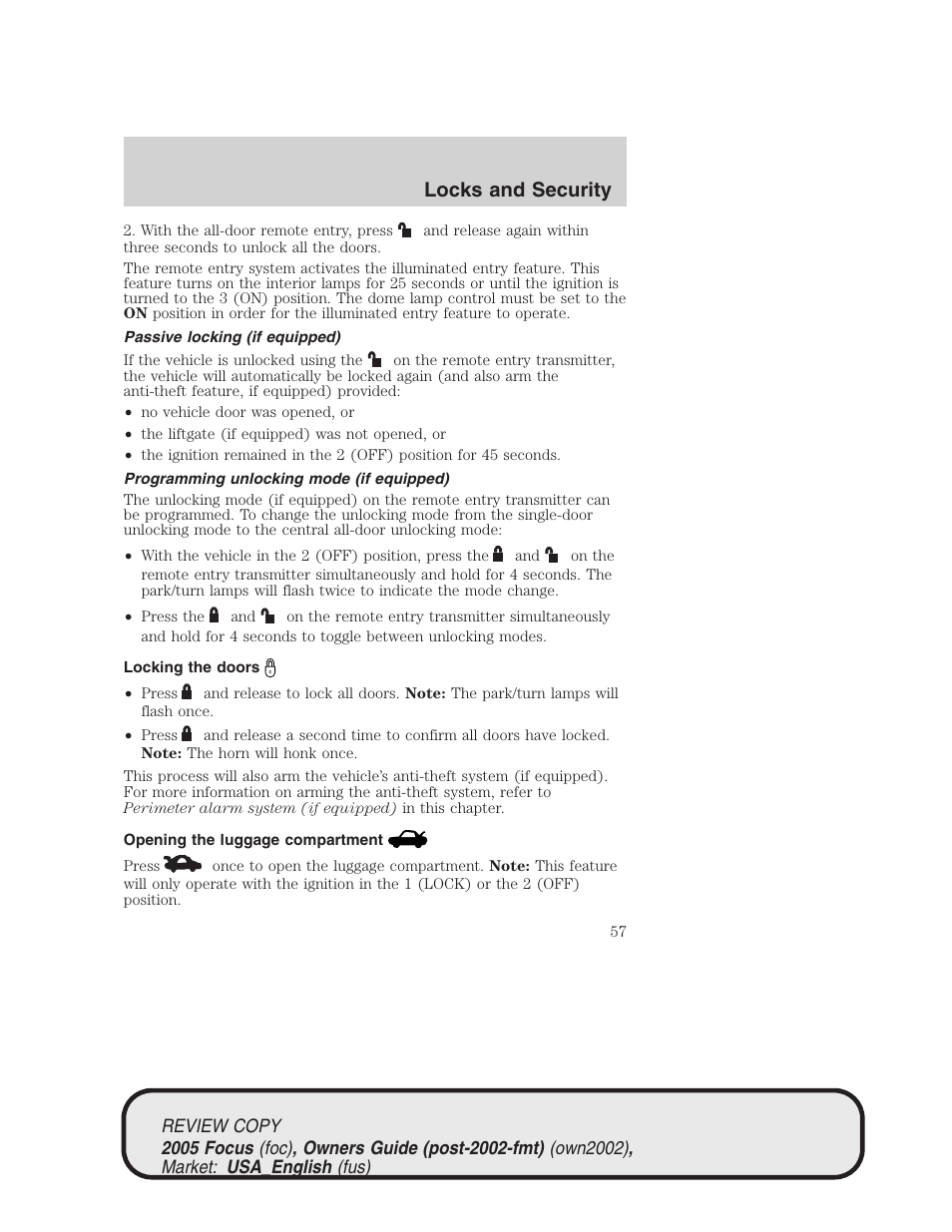 Locks and security | FORD 2005 Focus v.2 User Manual | Page 57 / 224