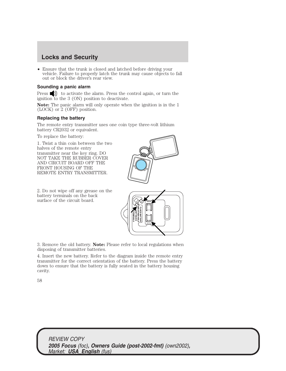 Locks and security | FORD 2005 Focus v.2 User Manual | Page 58 / 224