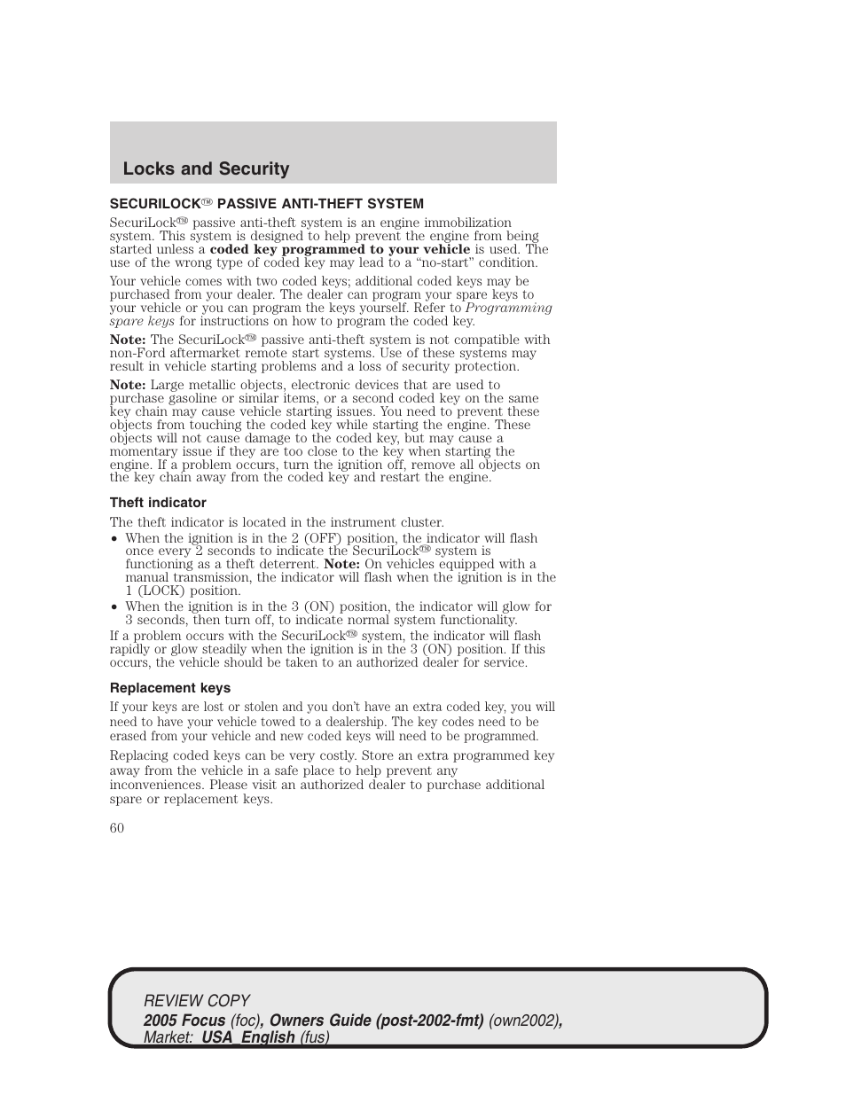 Locks and security | FORD 2005 Focus v.2 User Manual | Page 60 / 224