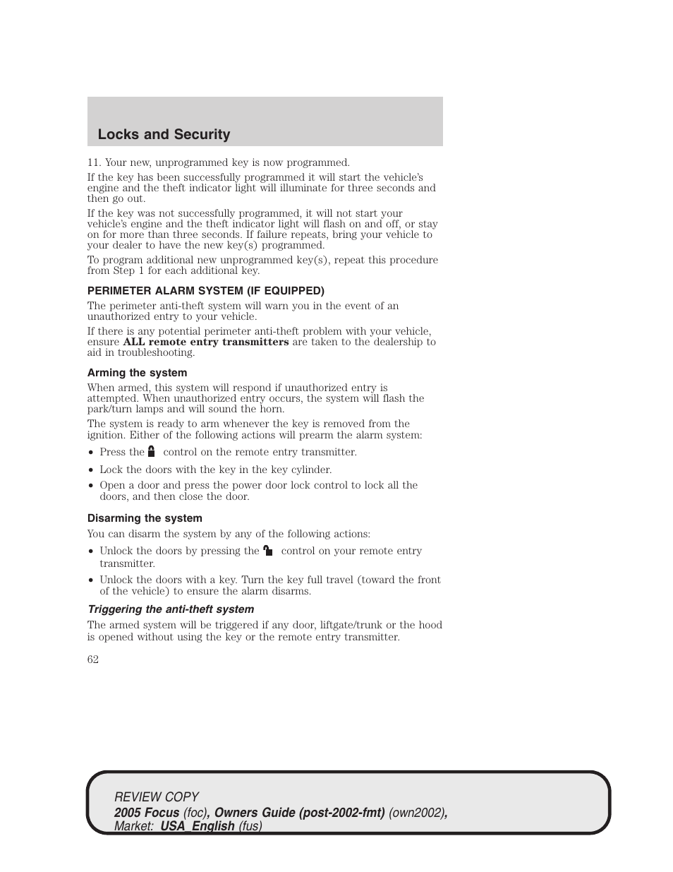 Locks and security | FORD 2005 Focus v.2 User Manual | Page 62 / 224