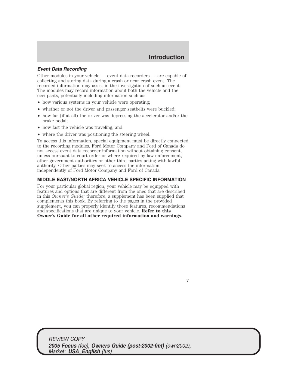 Introduction | FORD 2005 Focus v.2 User Manual | Page 7 / 224