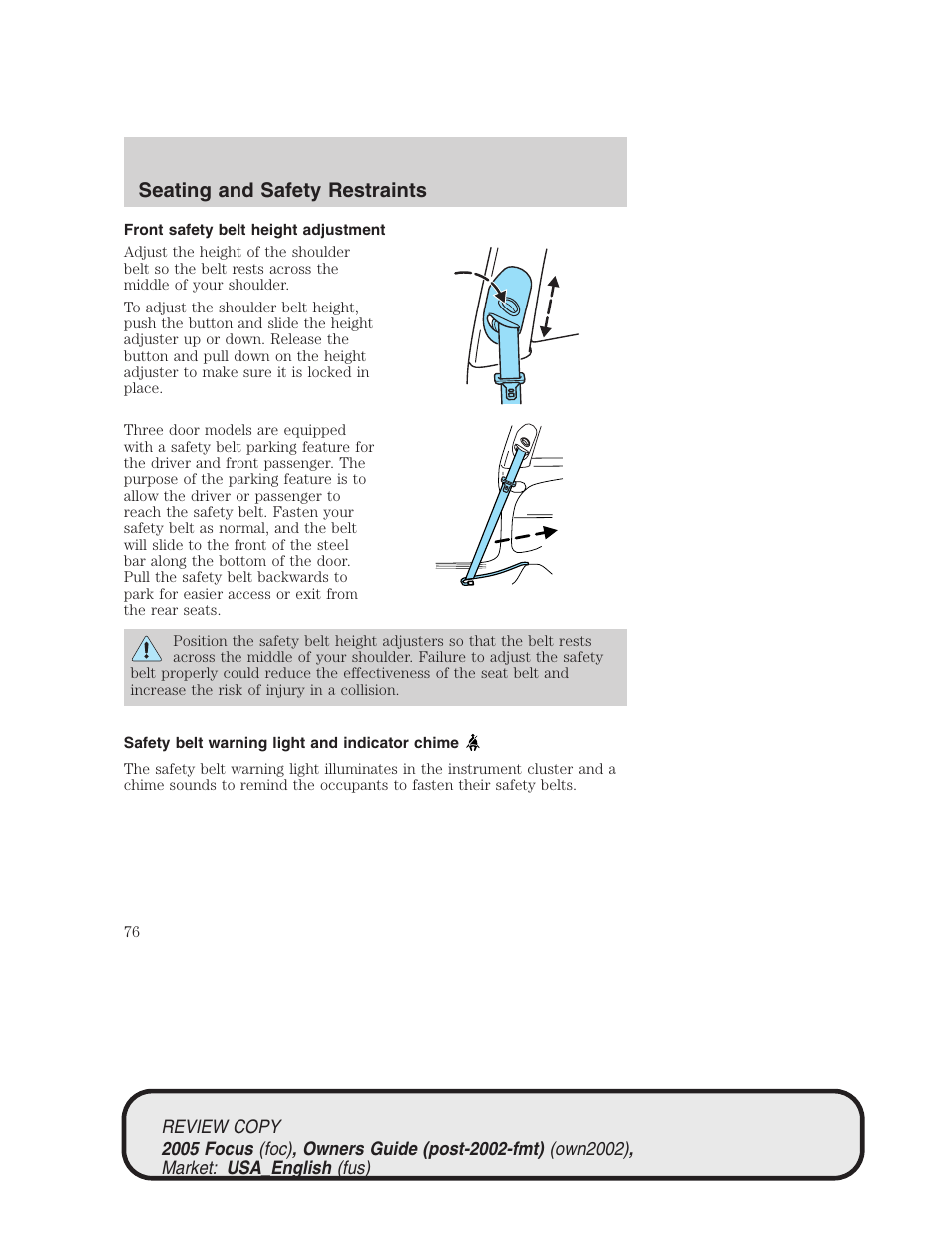 Seating and safety restraints | FORD 2005 Focus v.2 User Manual | Page 76 / 224