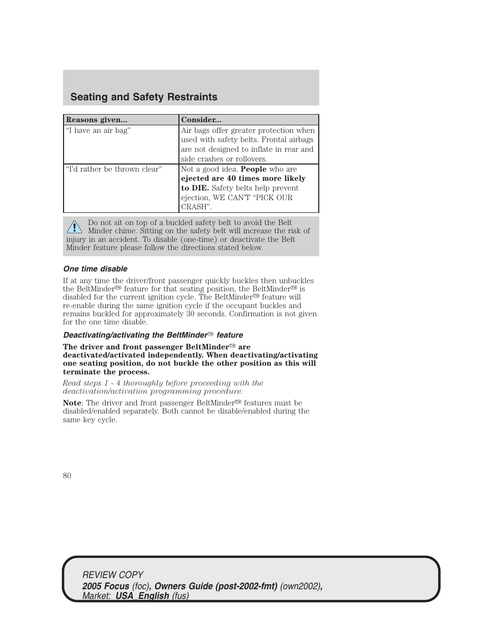 Seating and safety restraints | FORD 2005 Focus v.2 User Manual | Page 80 / 224