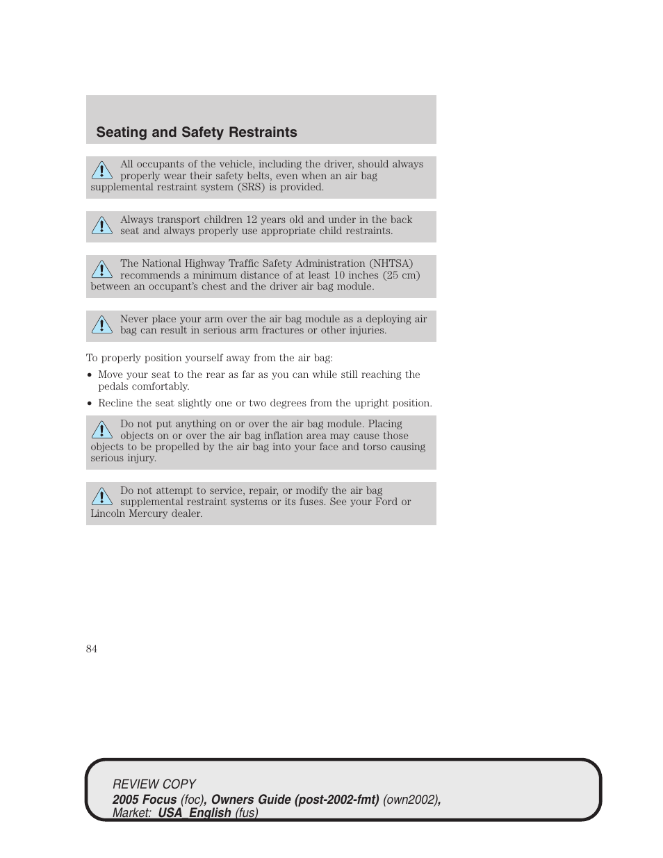 Seating and safety restraints | FORD 2005 Focus v.2 User Manual | Page 84 / 224
