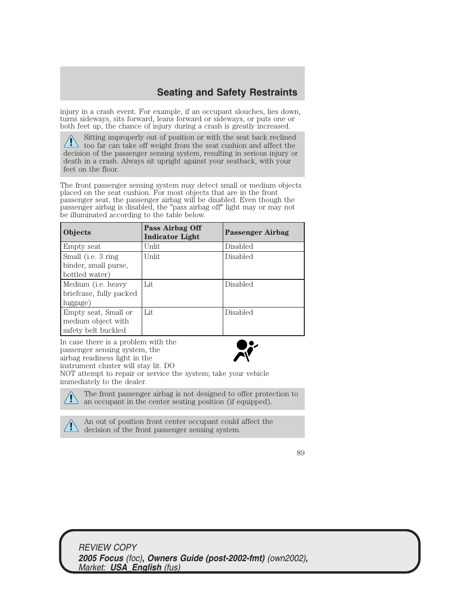 Seating and safety restraints | FORD 2005 Focus v.2 User Manual | Page 89 / 224