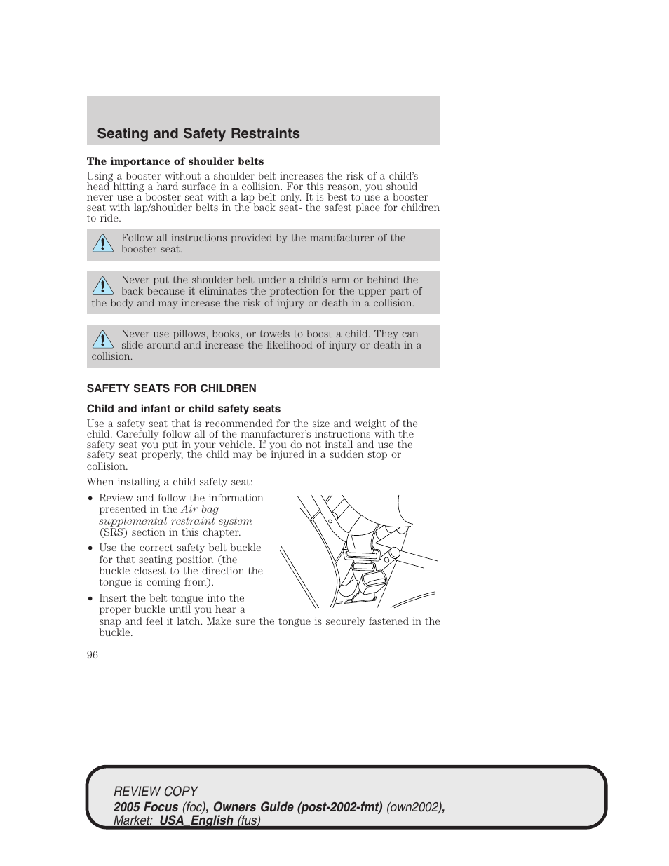Seating and safety restraints | FORD 2005 Focus v.2 User Manual | Page 96 / 224