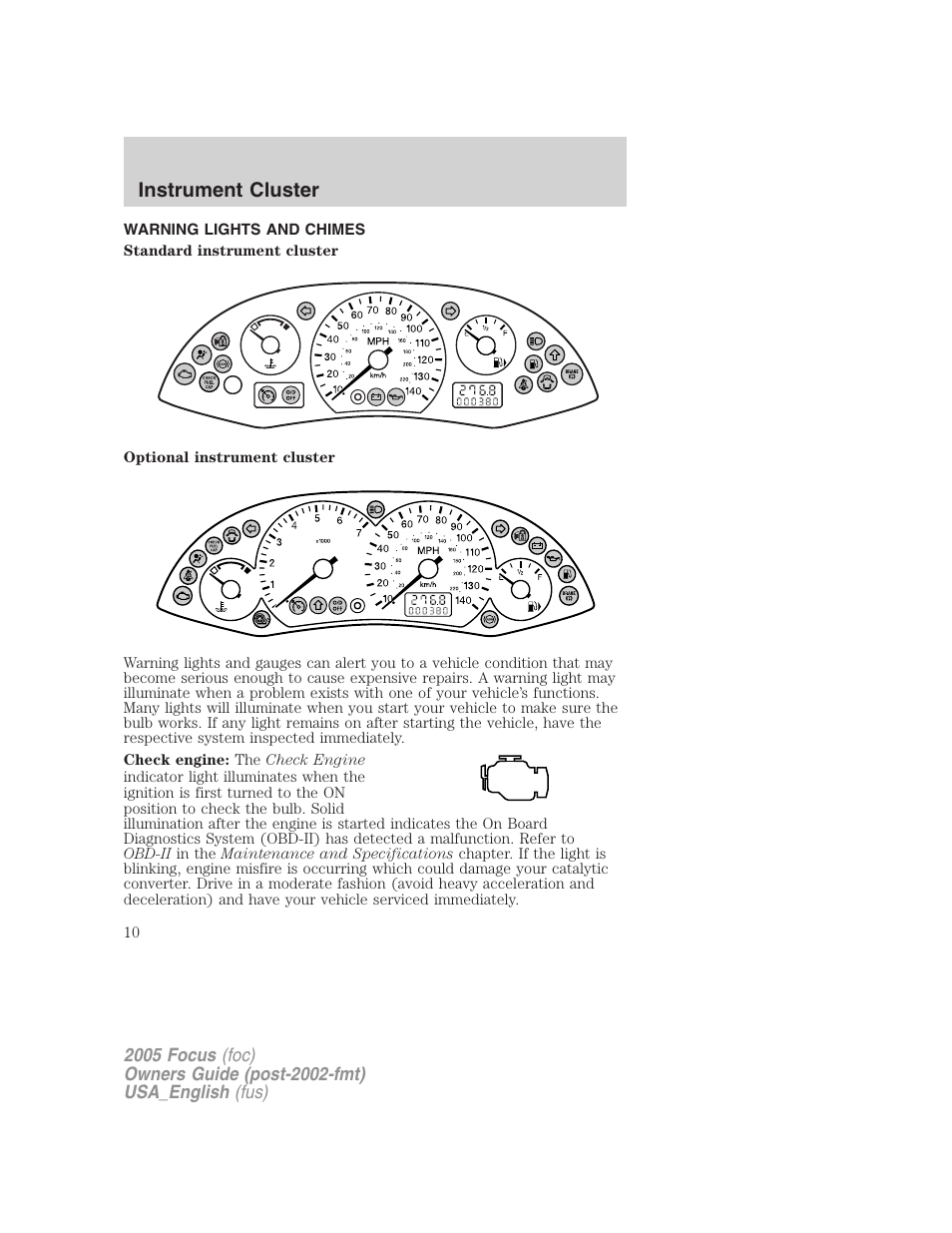 Instrument cluster, Warning lights and chimes, Warning and control lights | FORD 2005 Focus v.3 User Manual | Page 10 / 224