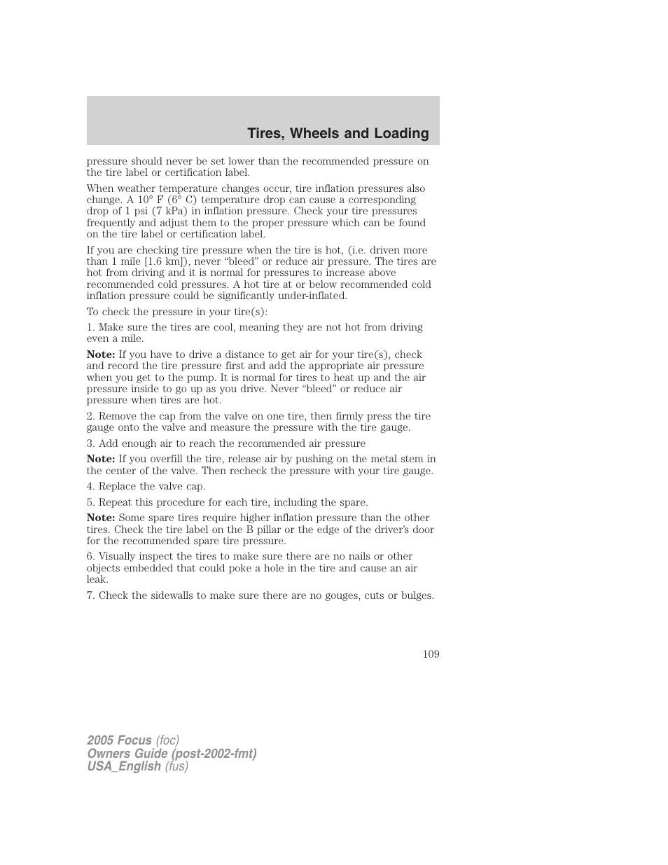 Tires, wheels and loading | FORD 2005 Focus v.3 User Manual | Page 109 / 224