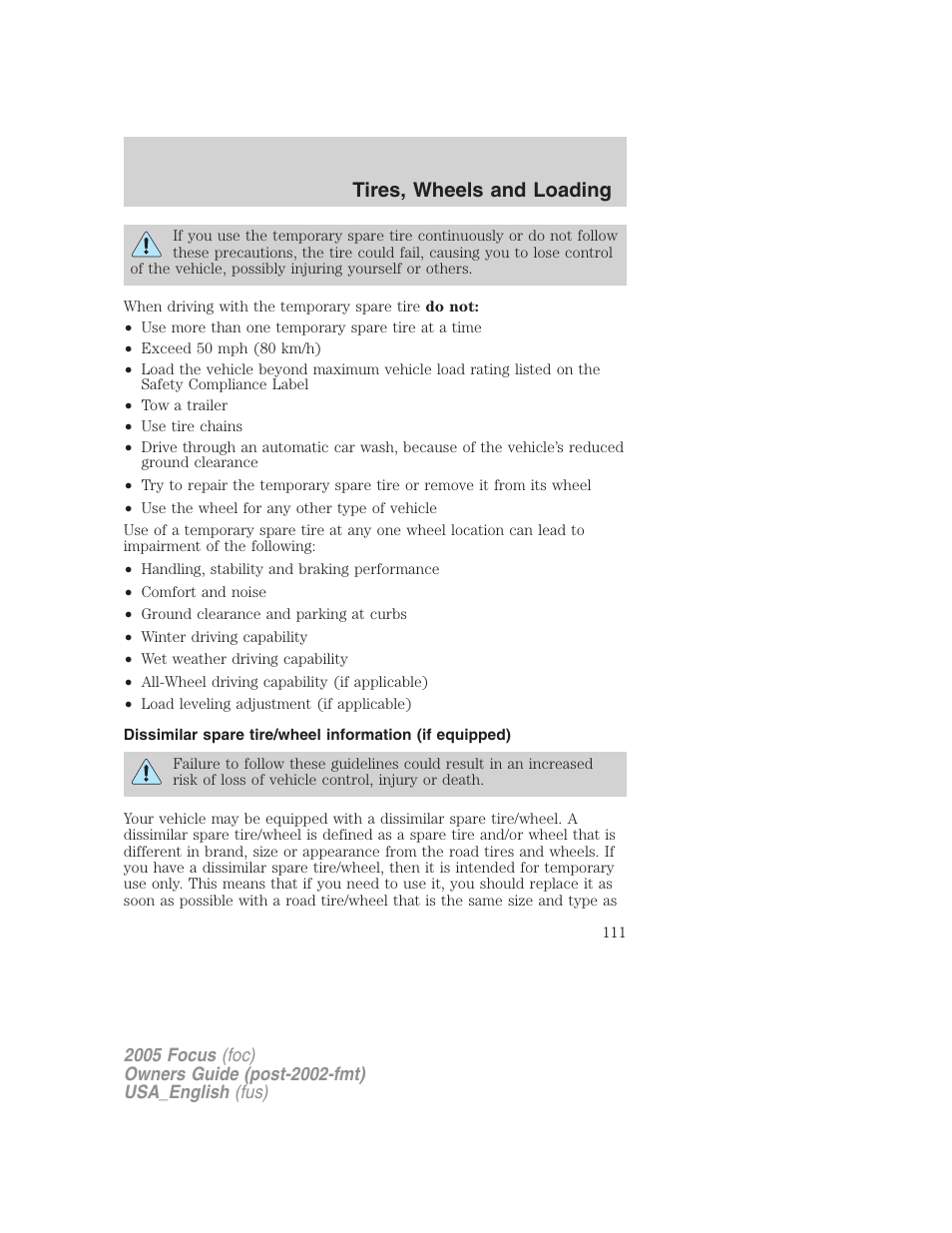 Tires, wheels and loading | FORD 2005 Focus v.3 User Manual | Page 111 / 224