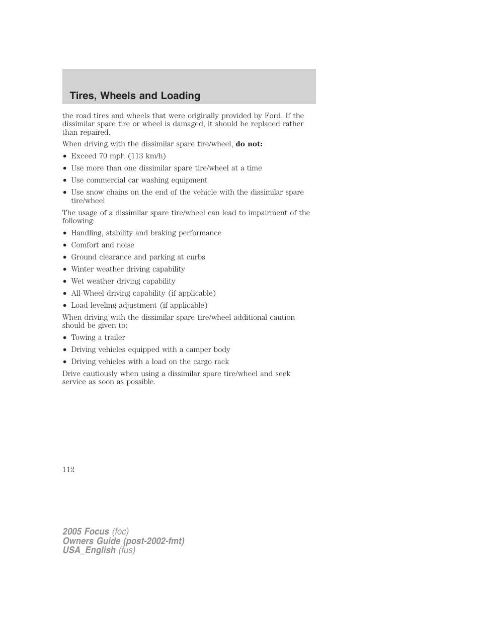 Tires, wheels and loading | FORD 2005 Focus v.3 User Manual | Page 112 / 224