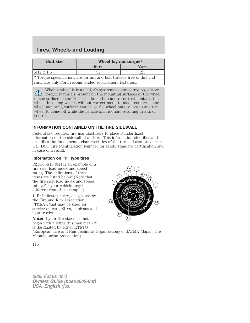 Information contained on the tire sidewall, Information on “p” type tires, Tires, wheels and loading | FORD 2005 Focus v.3 User Manual | Page 116 / 224