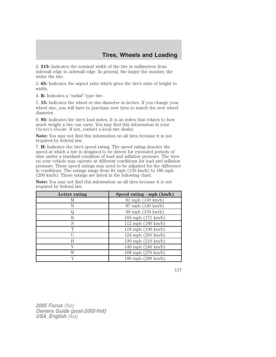 Tires, wheels and loading | FORD 2005 Focus v.3 User Manual | Page 117 / 224