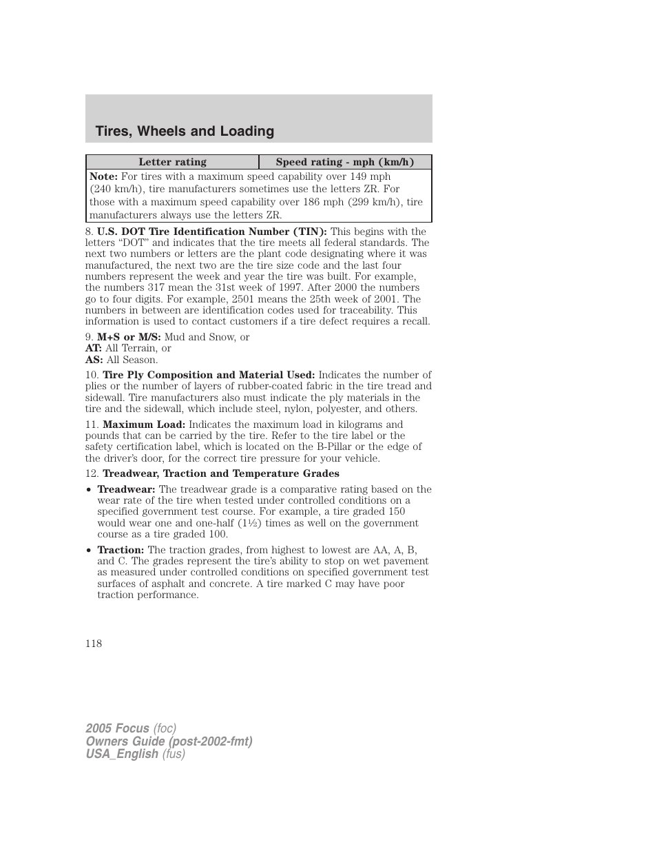 Tires, wheels and loading | FORD 2005 Focus v.3 User Manual | Page 118 / 224
