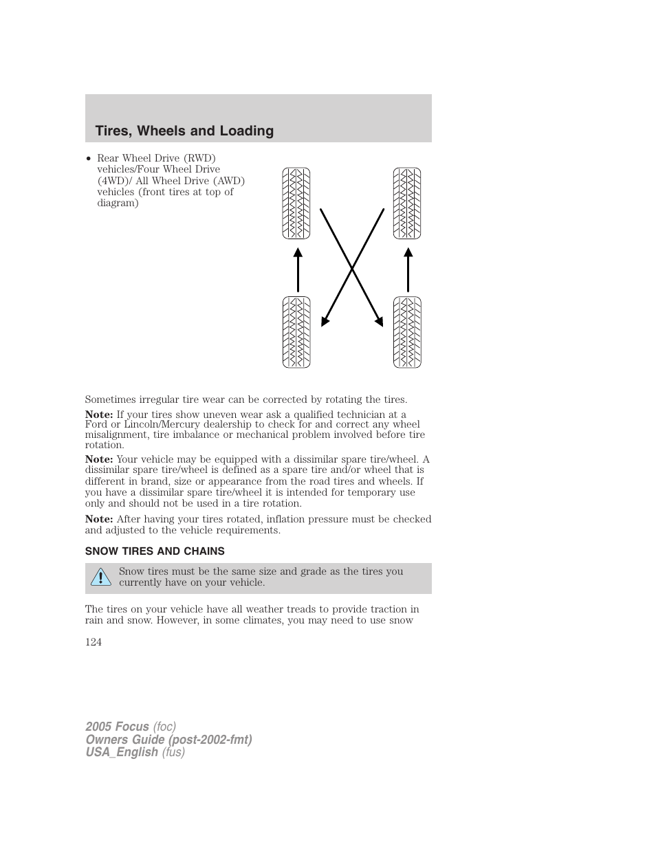 Snow tires and chains, Tires, wheels and loading | FORD 2005 Focus v.3 User Manual | Page 124 / 224