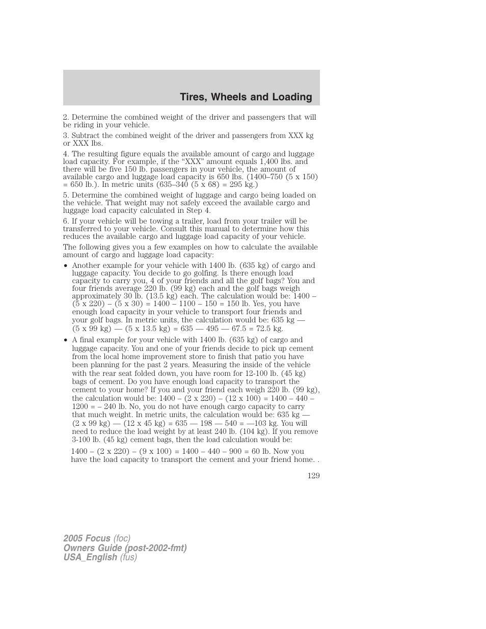 Tires, wheels and loading | FORD 2005 Focus v.3 User Manual | Page 129 / 224