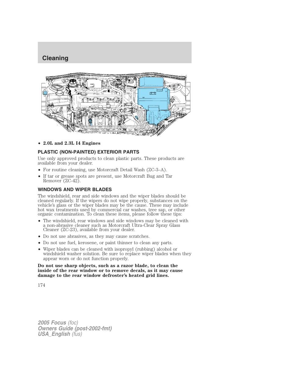 Plastic (non-painted) exterior parts, Windows and wiper blades, Cleaning | FORD 2005 Focus v.3 User Manual | Page 174 / 224