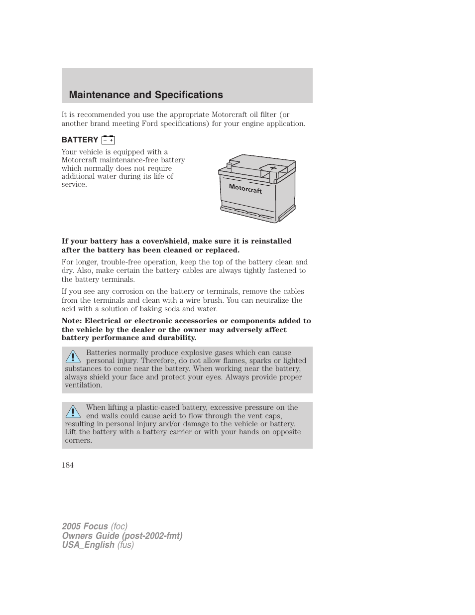 Battery, Maintenance and specifications | FORD 2005 Focus v.3 User Manual | Page 184 / 224