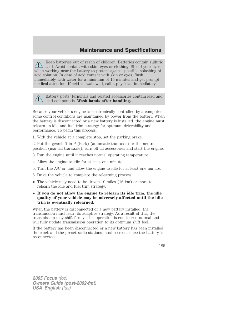 Maintenance and specifications | FORD 2005 Focus v.3 User Manual | Page 185 / 224