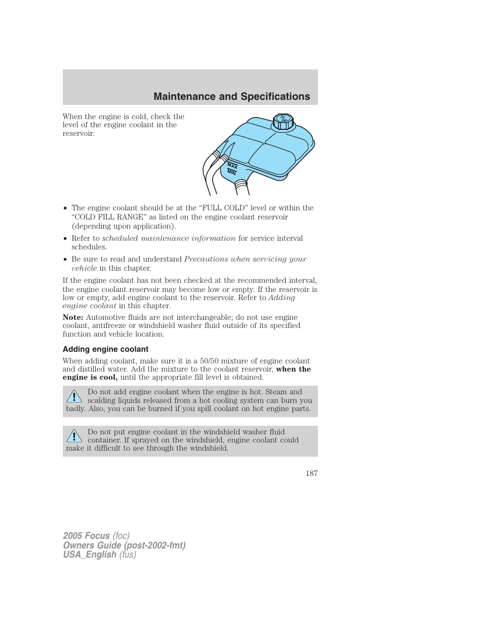 Adding engine coolant, Maintenance and specifications | FORD 2005 Focus v.3 User Manual | Page 187 / 224