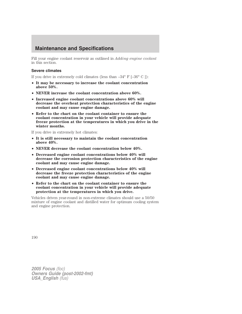 Severe climates, Maintenance and specifications | FORD 2005 Focus v.3 User Manual | Page 190 / 224