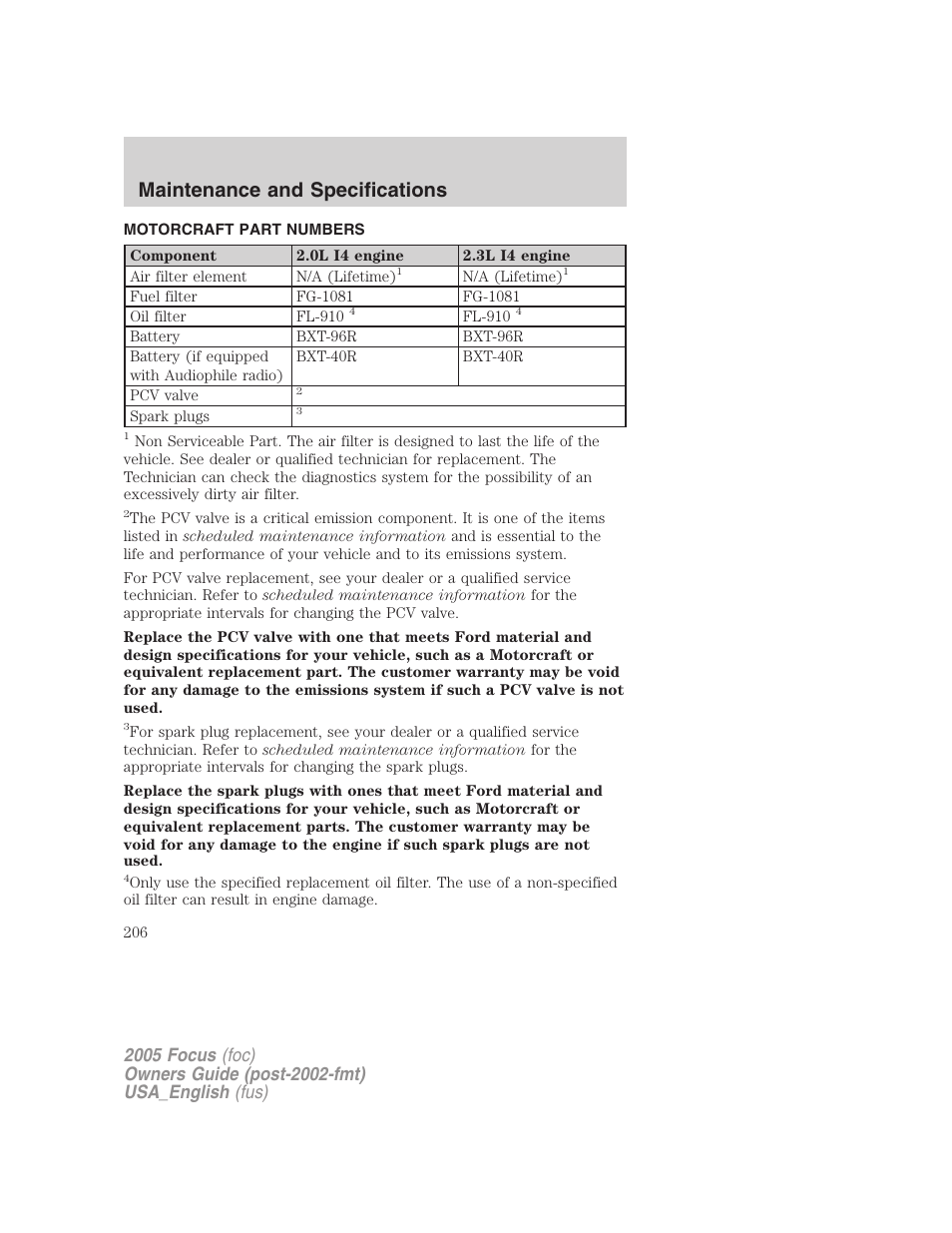 Motorcraft part numbers, Part numbers, Maintenance and specifications | FORD 2005 Focus v.3 User Manual | Page 206 / 224