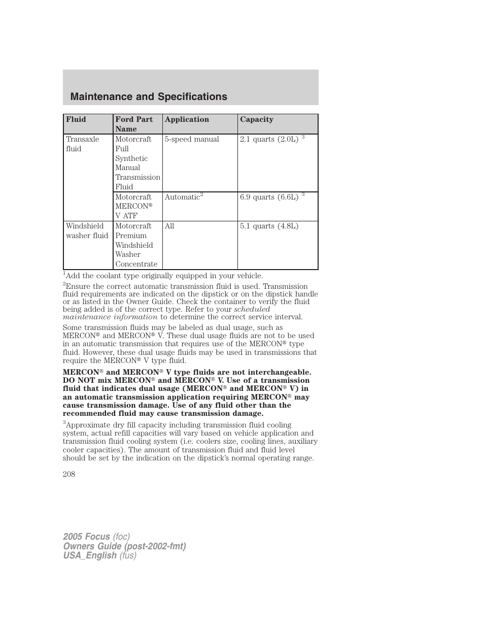 Maintenance and specifications | FORD 2005 Focus v.3 User Manual | Page 208 / 224