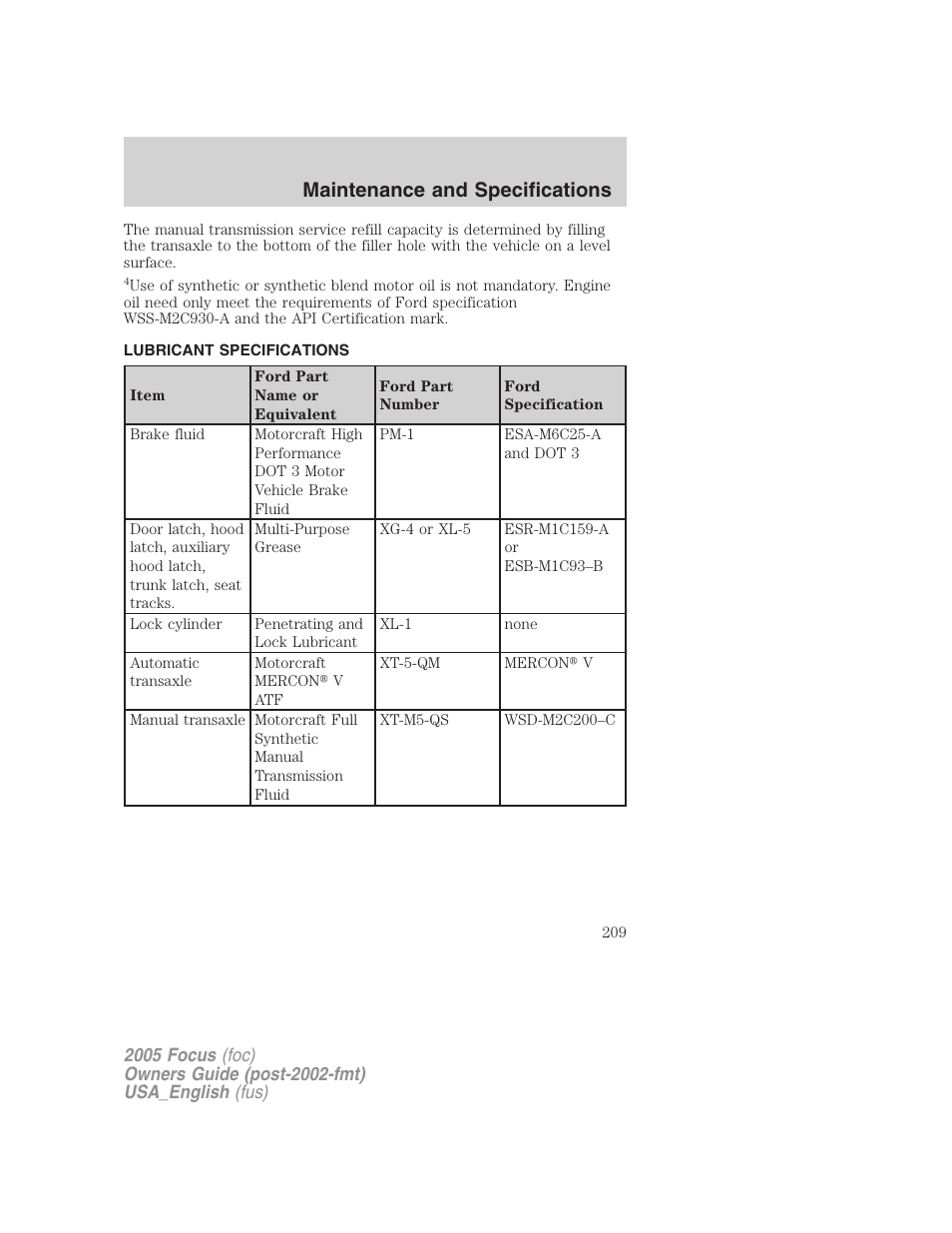 Lubricant specifications, Maintenance and specifications | FORD 2005 Focus v.3 User Manual | Page 209 / 224