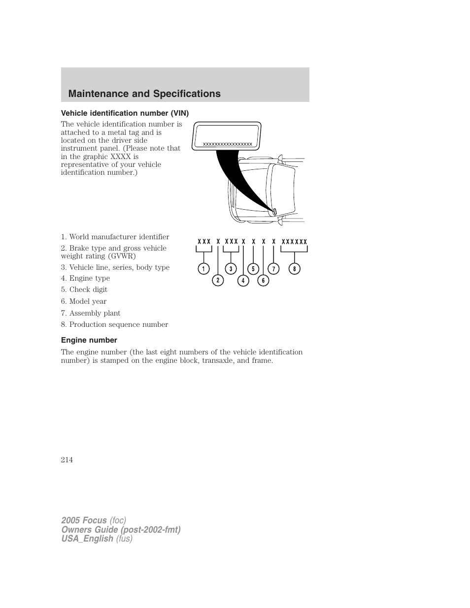 Vehicle identification number (vin), Engine number, Maintenance and specifications | FORD 2005 Focus v.3 User Manual | Page 214 / 224