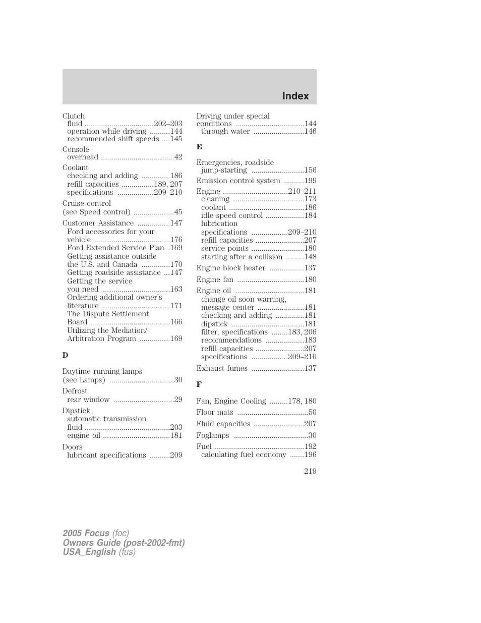 Index | FORD 2005 Focus v.3 User Manual | Page 219 / 224