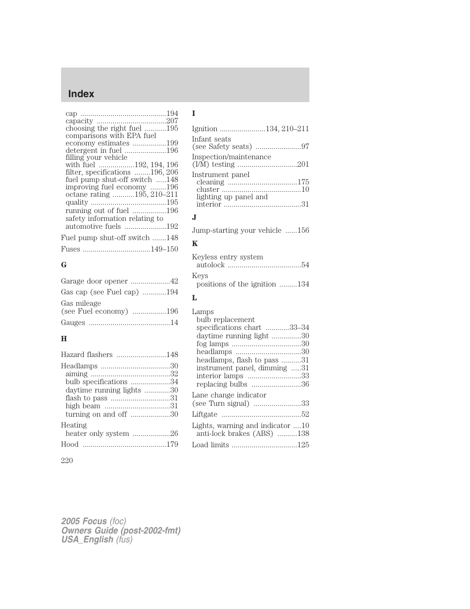 Index | FORD 2005 Focus v.3 User Manual | Page 220 / 224