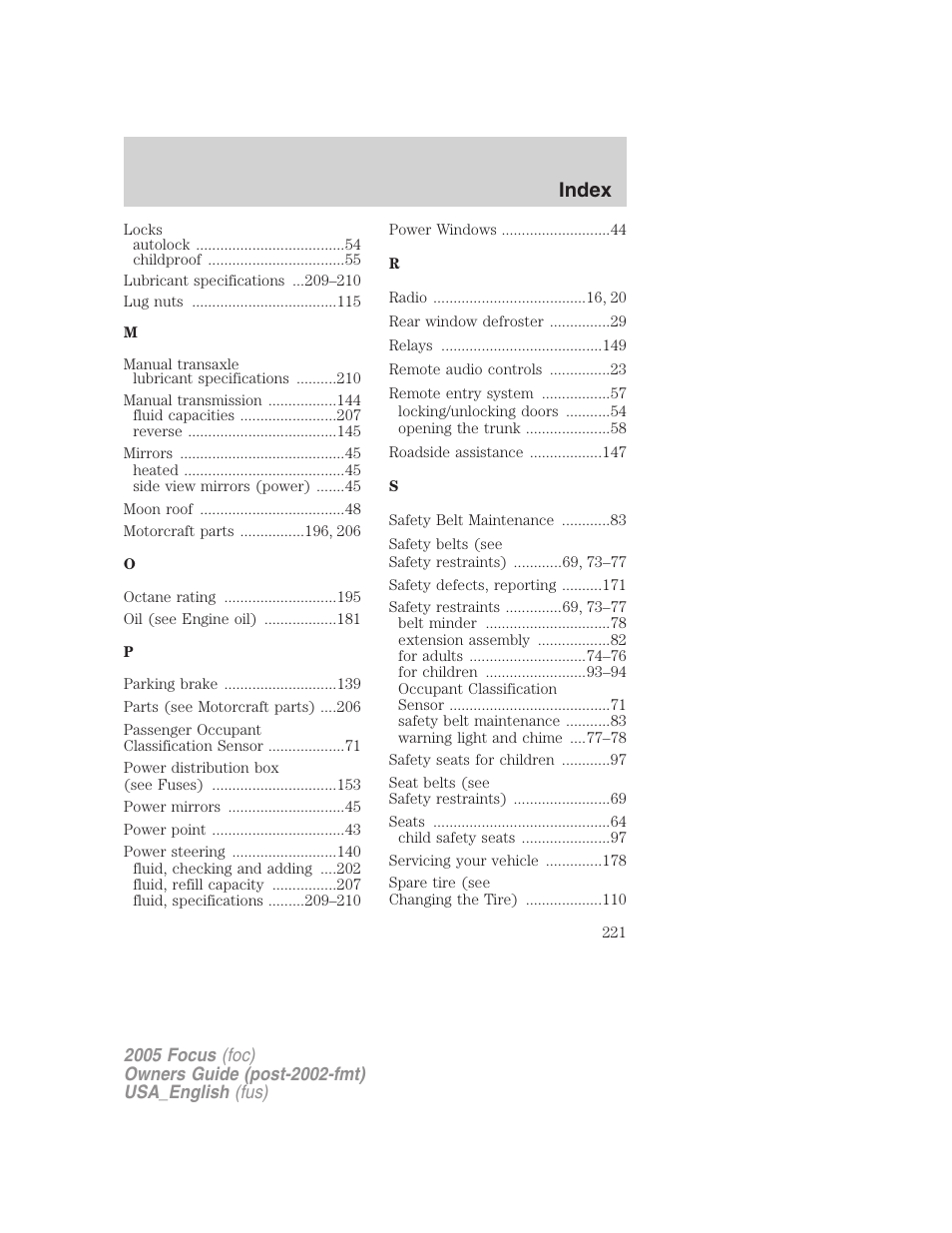Index | FORD 2005 Focus v.3 User Manual | Page 221 / 224