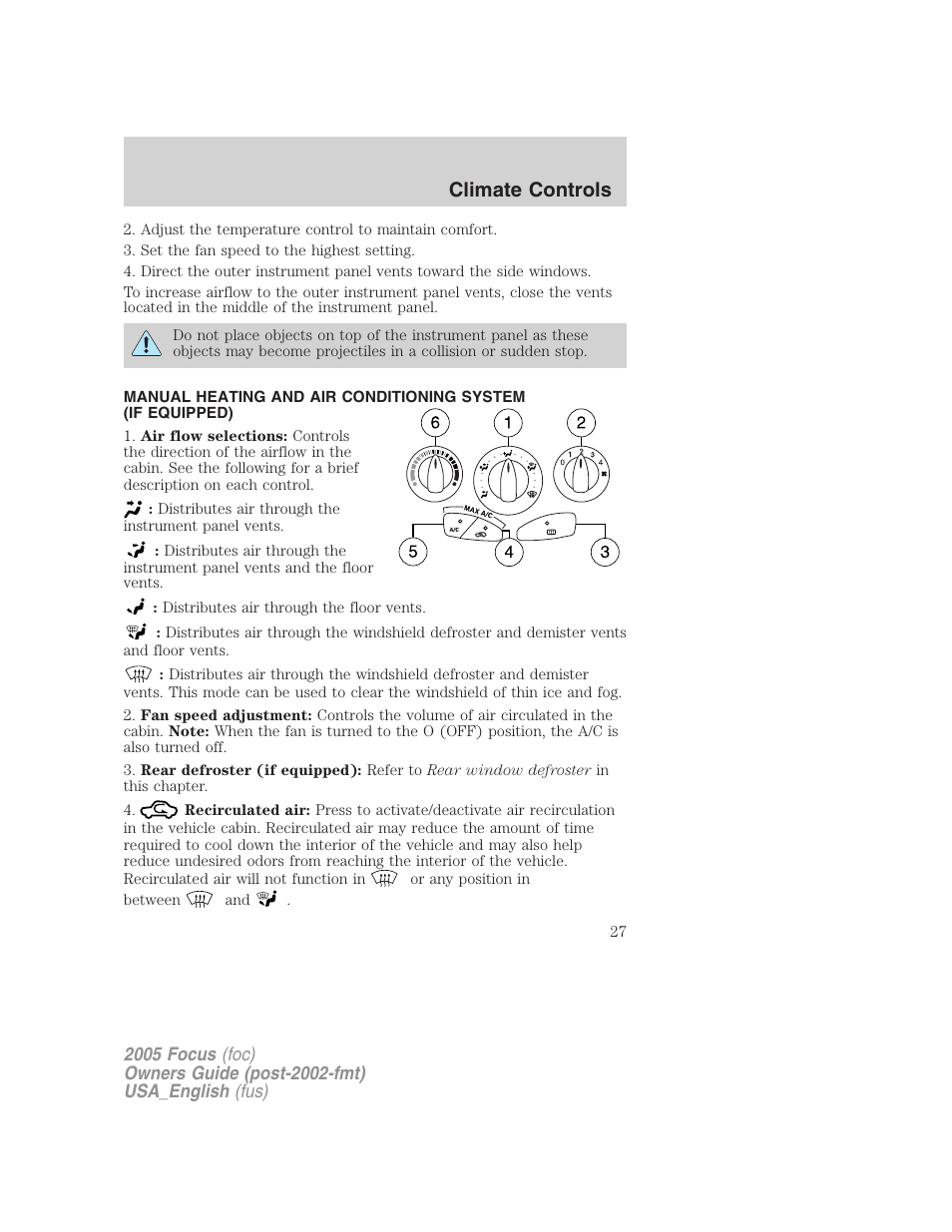 Manual heating and air conditioning, Climate controls | FORD 2005 Focus v.3 User Manual | Page 27 / 224