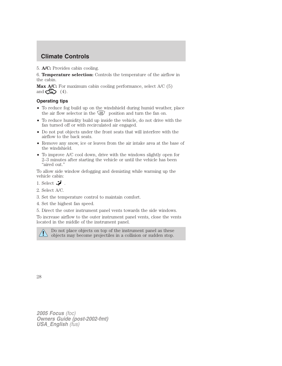 Operating tips, Climate controls | FORD 2005 Focus v.3 User Manual | Page 28 / 224