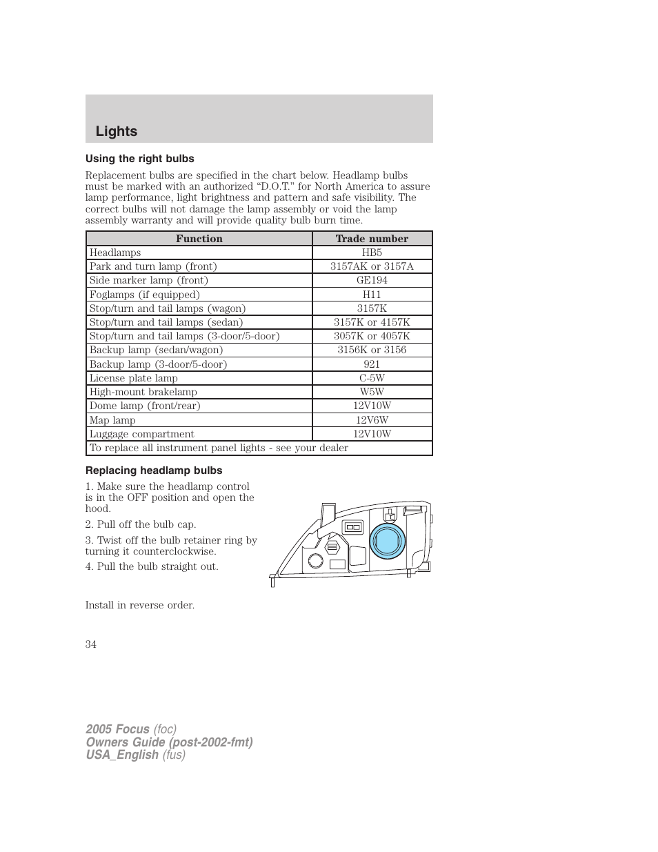 Using the right bulbs, Replacing headlamp bulbs, Lights | FORD 2005 Focus v.3 User Manual | Page 34 / 224