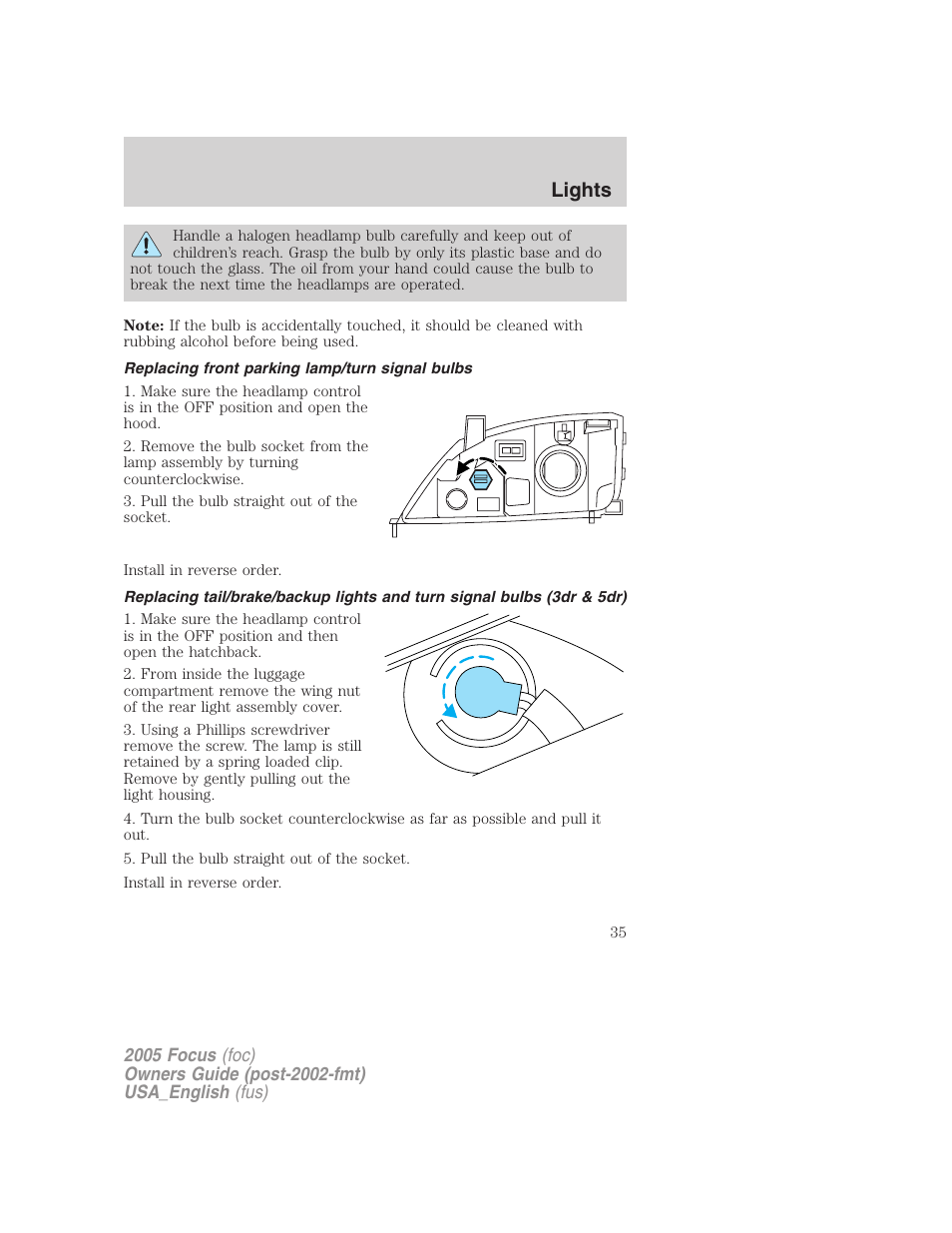 Replacing front parking lamp/turn signal bulbs, Lights | FORD 2005 Focus v.3 User Manual | Page 35 / 224