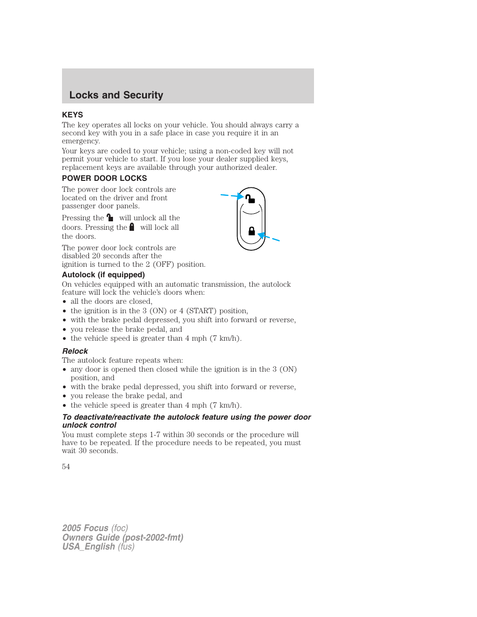 Locks and security, Keys, Power door locks | Autolock (if equipped), Relock, Locks | FORD 2005 Focus v.3 User Manual | Page 54 / 224