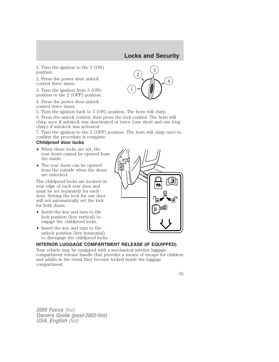 Childproof door locks, Interior luggage compartment release (if equipped), Locks and security | FORD 2005 Focus v.3 User Manual | Page 55 / 224