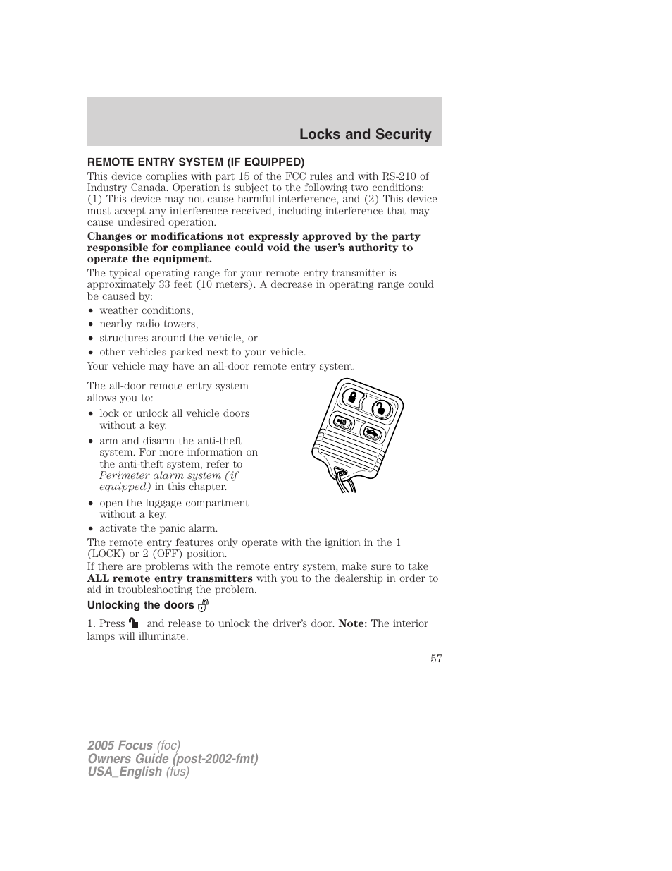 Remote entry system (if equipped), Unlocking the doors, Locks and security | FORD 2005 Focus v.3 User Manual | Page 57 / 224
