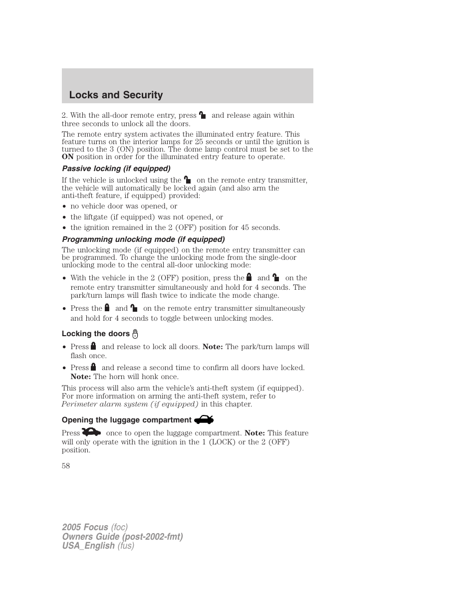Passive locking (if equipped), Programming unlocking mode (if equipped), Locking the doors | Opening the luggage compartment, Locks and security | FORD 2005 Focus v.3 User Manual | Page 58 / 224