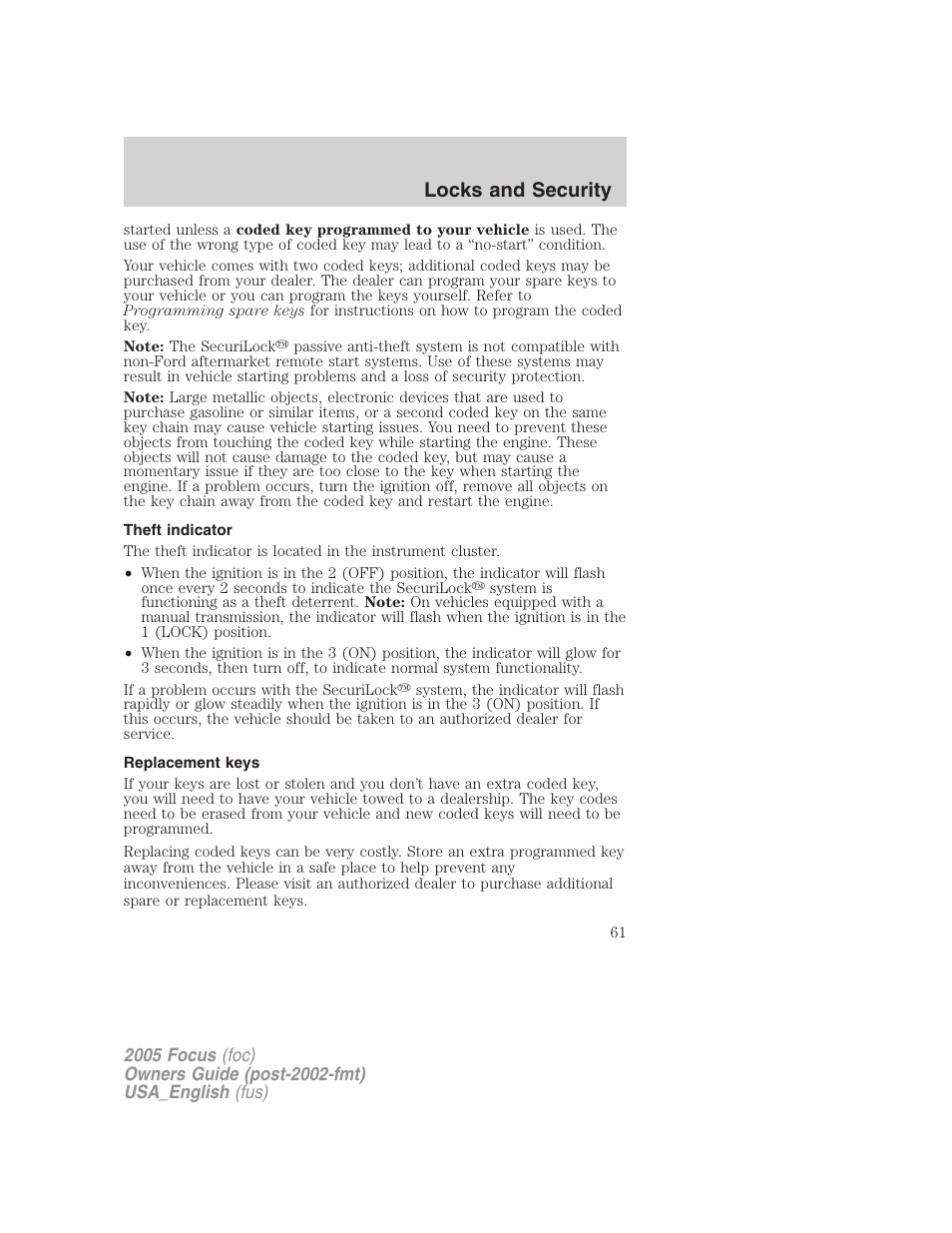 Theft indicator, Replacement keys, Locks and security | FORD 2005 Focus v.3 User Manual | Page 61 / 224