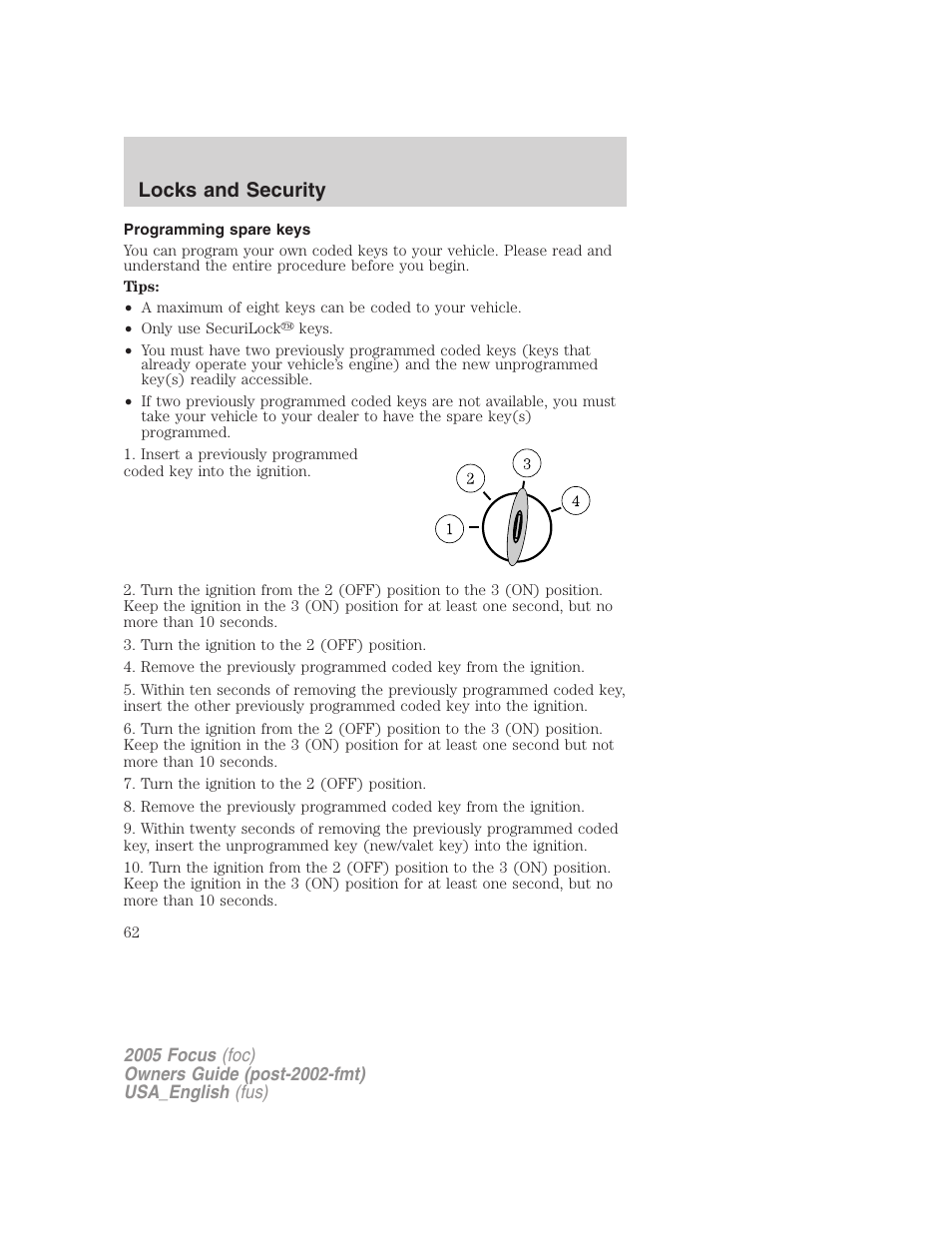 Programming spare keys, Locks and security | FORD 2005 Focus v.3 User Manual | Page 62 / 224